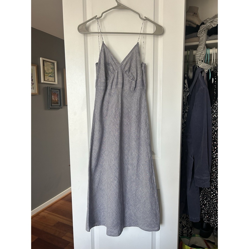 Armani Jeans Midi Dress Beaded Spaghetti Straps V Neck Chambray Linen Size 6